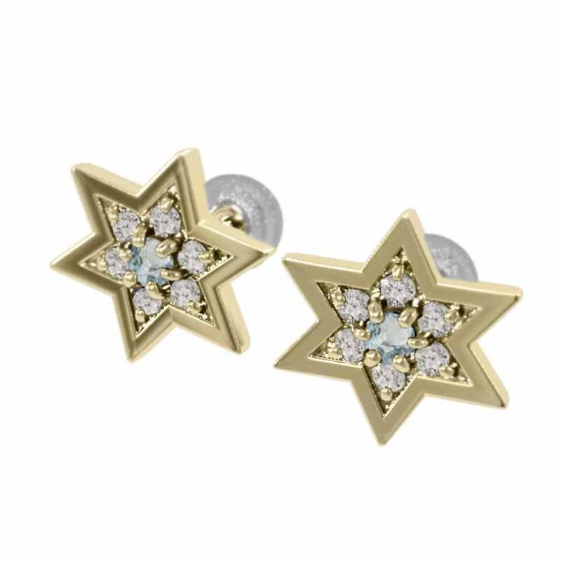六芒星 中サイズ スター k18イエローゴールド 3月の誕生石 アクアマリン ピアスの画像