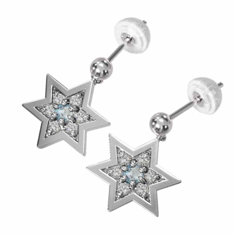 中サイズ スター k18ホワイトゴールド 3月の誕生石 ピアス アクアマリン 六芒星の画像