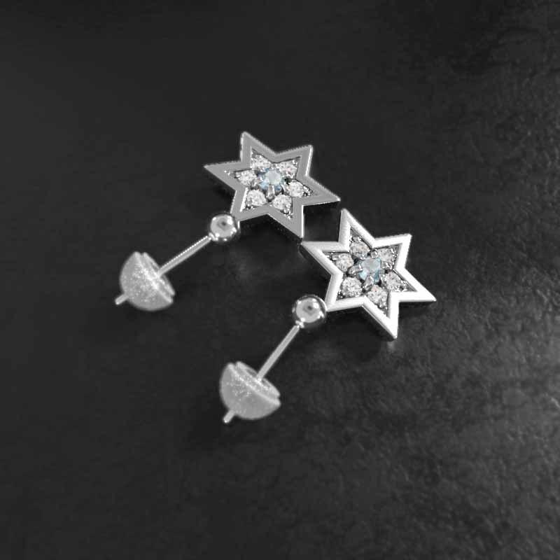 スター 中サイズ 六芒星 ピアス 3月の誕生石 k18ホワイトゴールド アクアマリンの画像