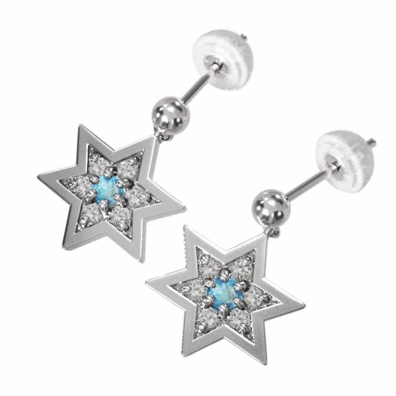 スター 六芒星 k18ホワイトゴールド 11月の誕生石 中サイズ ピアス ブルートパーズの画像