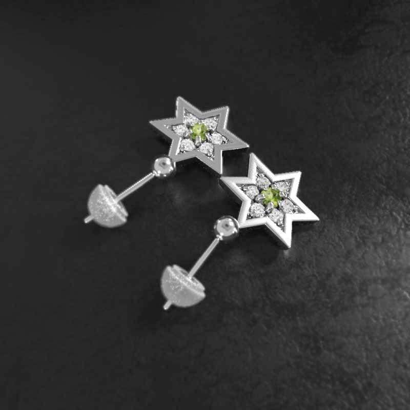 スター 8月誕生石 ペリドット ピアス 六芒星 k18ホワイトゴールド 中サイズの画像