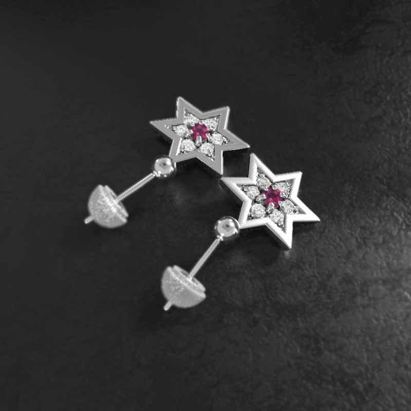 スター ピアス 18金ホワイトゴールド 7月の誕生石 中サイズ ルビー 六芒星の画像