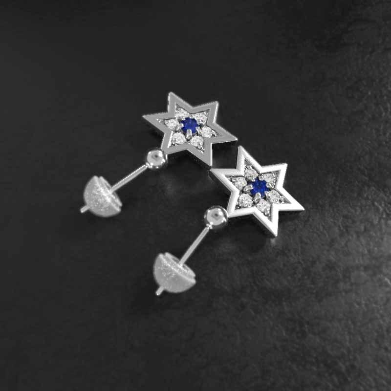 9月の誕生石 サファイヤ ピアス 中サイズ スター 六芒星 18金ホワイトゴールドの画像
