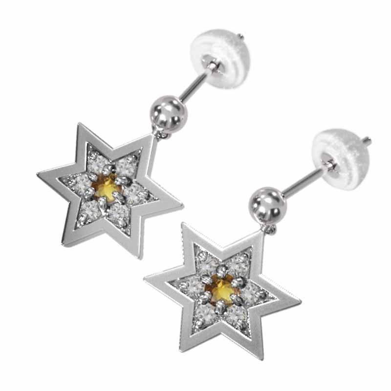六芒星 ジュエリーピアス 11月の誕生石 k18ホワイトゴールド シトリン(黄水晶) 中サイズ スターの画像