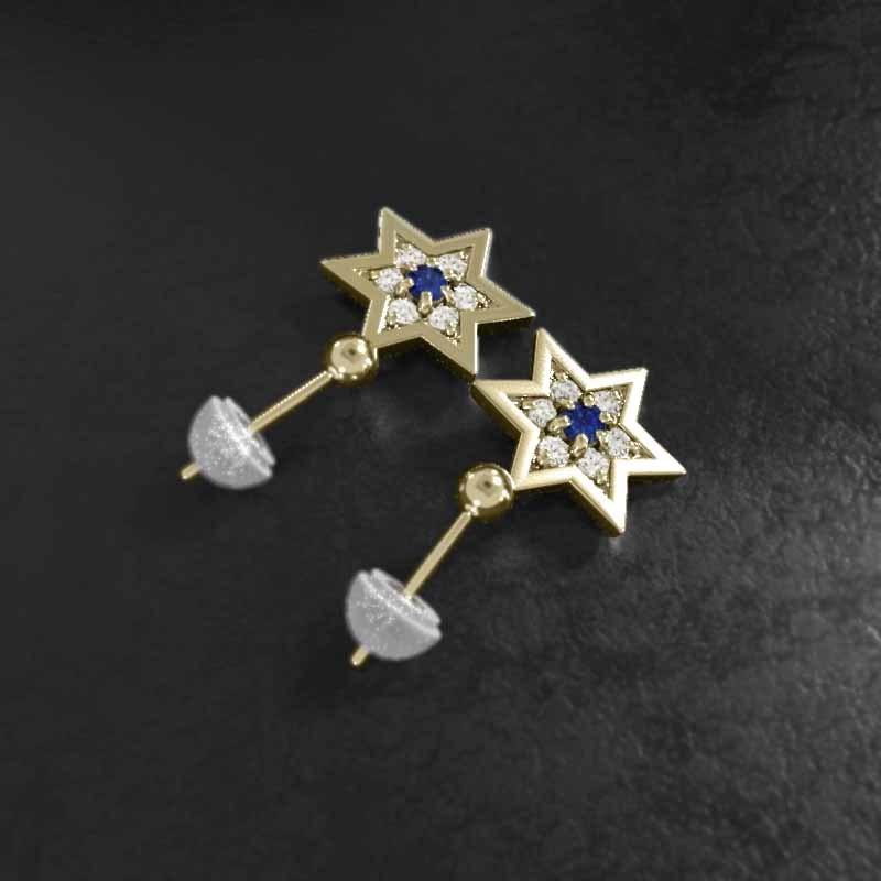 ジュエリーピアス イエローゴールドk18 中サイズ スター 9月誕生石 サファイヤ 六芒星の画像