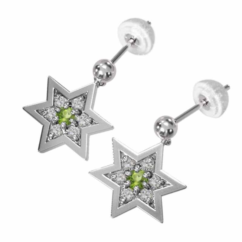 ジュエリーピアス スター ペリドット 六芒星 中サイズ 白金（プラチナ）900 8月の誕生石の画像