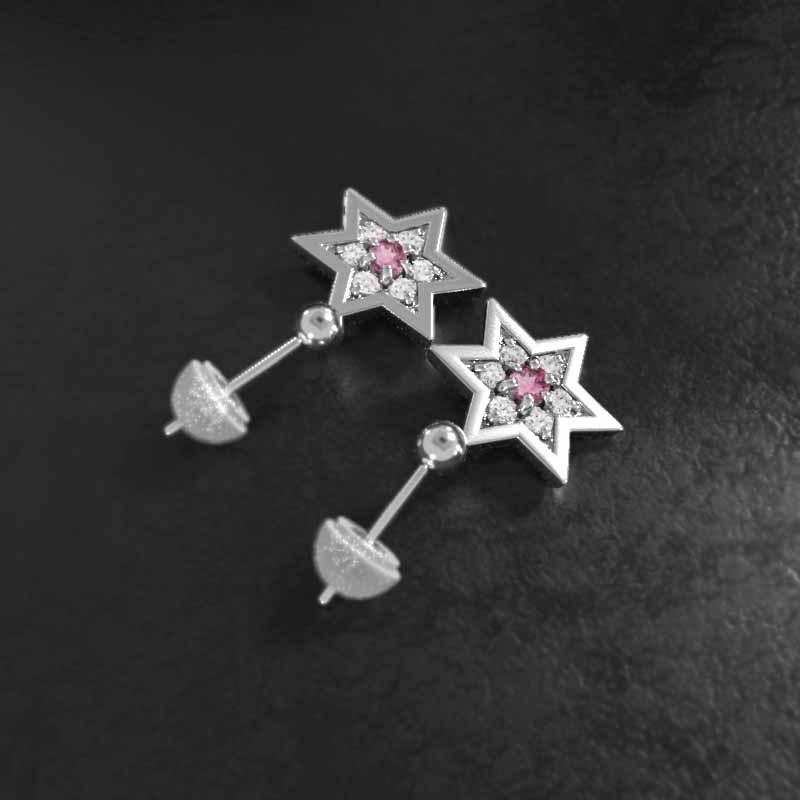 ジュエリーピアス 中サイズ プラチナ900 10月誕生石 スター ピンクトルマリン 六芒星の画像