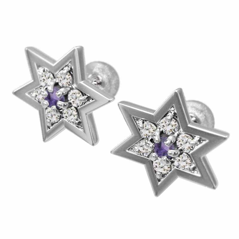 六芒星 アメシスト スター ジュエリーピアス プラチナ900 2月の誕生石 大サイズの画像