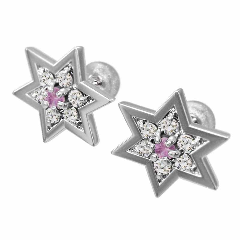ピアス Pt900 ピンクサファイヤ 9月の誕生石 六芒星 大サイズ スターの画像