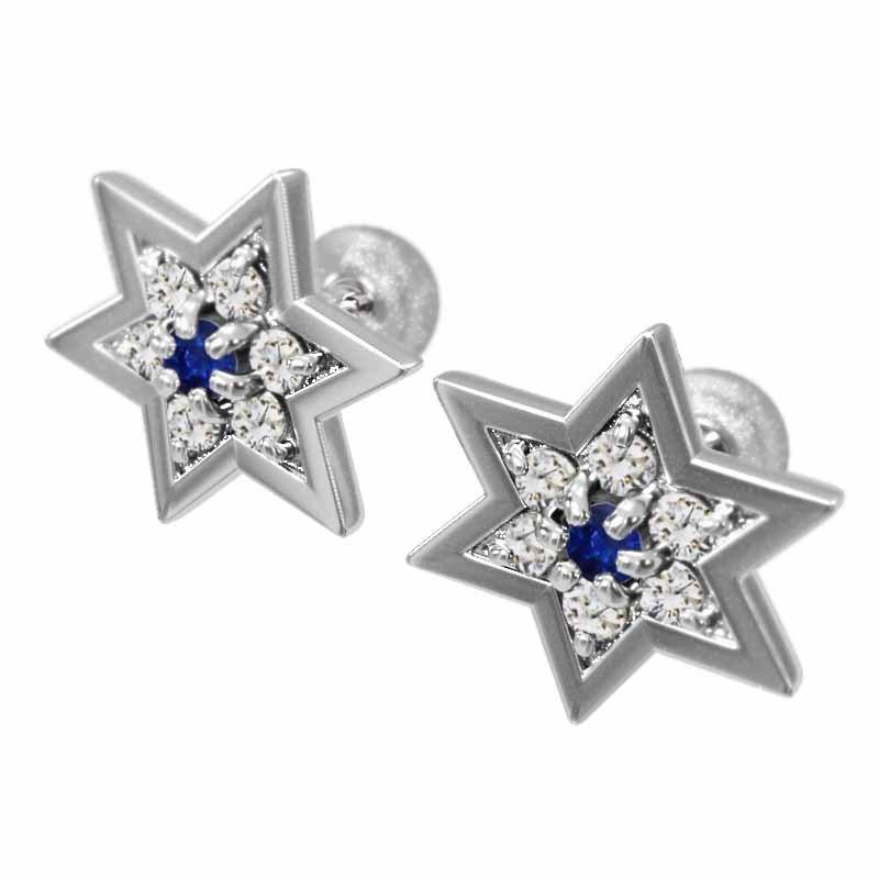 大サイズ ピアス 9月の誕生石 六芒星 白金（プラチナ）900 サファイア(青) スターの画像