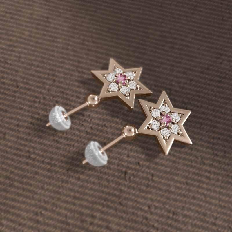 大サイズ k18ピンクゴールド ジュエリーピアス 六芒星 ピンクトルマリン スター 10月の誕生石の画像