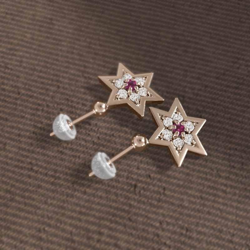 ピアス スター 六芒星 大サイズ 7月の誕生石 ルビー 18金ピンクゴールドの画像