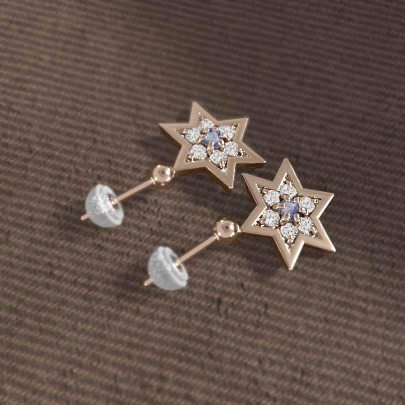 ピアス k18ピンクゴールド 12月の誕生石 六芒星 タンザナイト スター 大サイズの画像