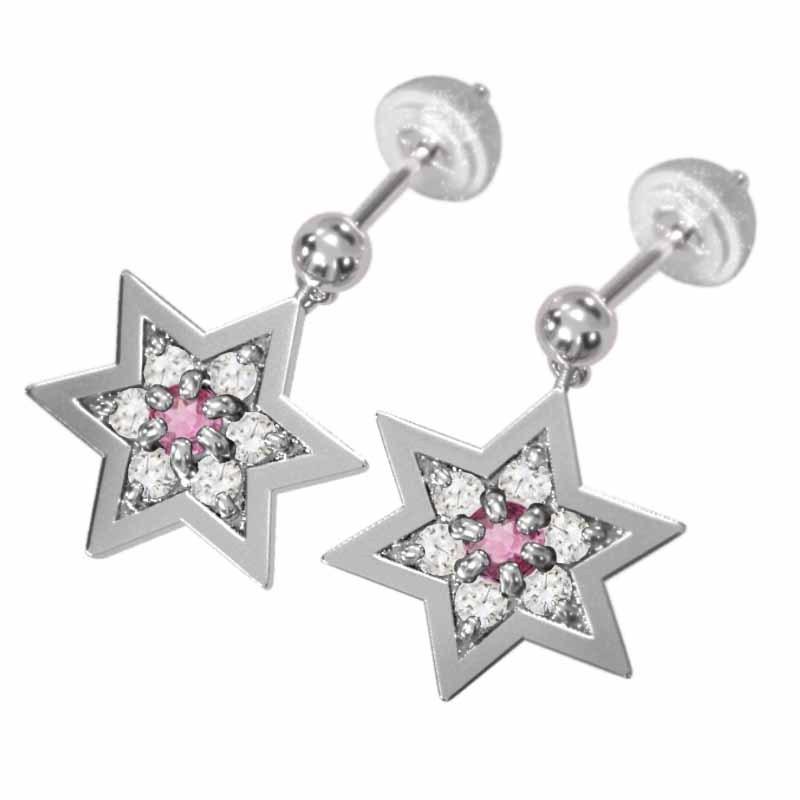 k18ホワイトゴールド スター 10月の誕生石 ジュエリーピアス ピンクトルマリン 大サイズ 六芒星の画像