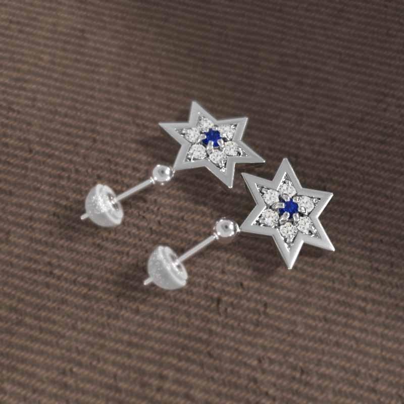 9月誕生石 ピアス サファイア 大サイズ k18ホワイトゴールド スター 六芒星の画像