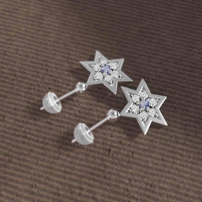 ピアス 大サイズ 12月誕生石 スター タンザナイト 六芒星 18金ホワイトゴールドの画像