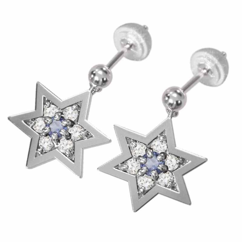 ピアス 大サイズ 12月誕生石 スター タンザナイト 六芒星 18金ホワイトゴールドの画像