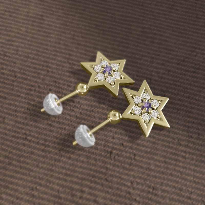 18金イエローゴールド 六芒星 スター アメシスト(紫水晶) 2月の誕生石 ピアス 大サイズの画像