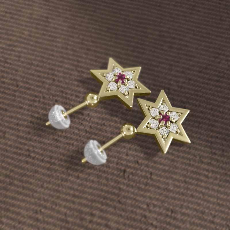 7月の誕生石 k18イエローゴールド 六芒星 ジュエリーピアス ルビー スター 大サイズの画像