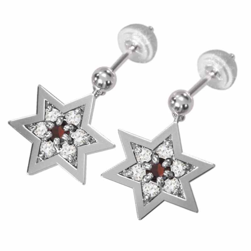 ピアス スター プラチナ900 大サイズ ガーネット 1月の誕生石 六芒星の画像