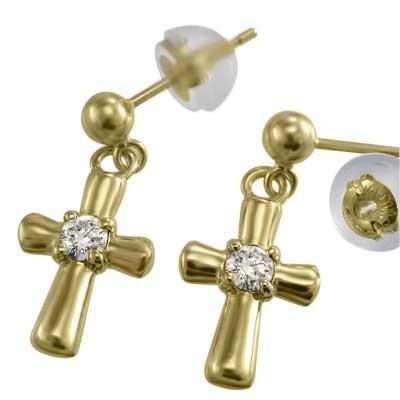 両耳 ピアス 一粒石 クロス ダイアモンド 4月誕生石 k18イエローゴールド キャッチ付き