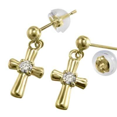 ジュエリーピアス k18イエローゴールド ダイヤモンド 一粒石 クロス 4月誕生石 約0.13カラットの画像