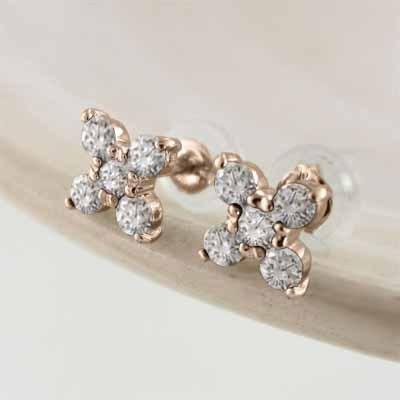 ファイブストーン ジュエリーピアス 4月誕生石 約0.24カラット k18ピンクゴールド クロス ダイアモンドの画像