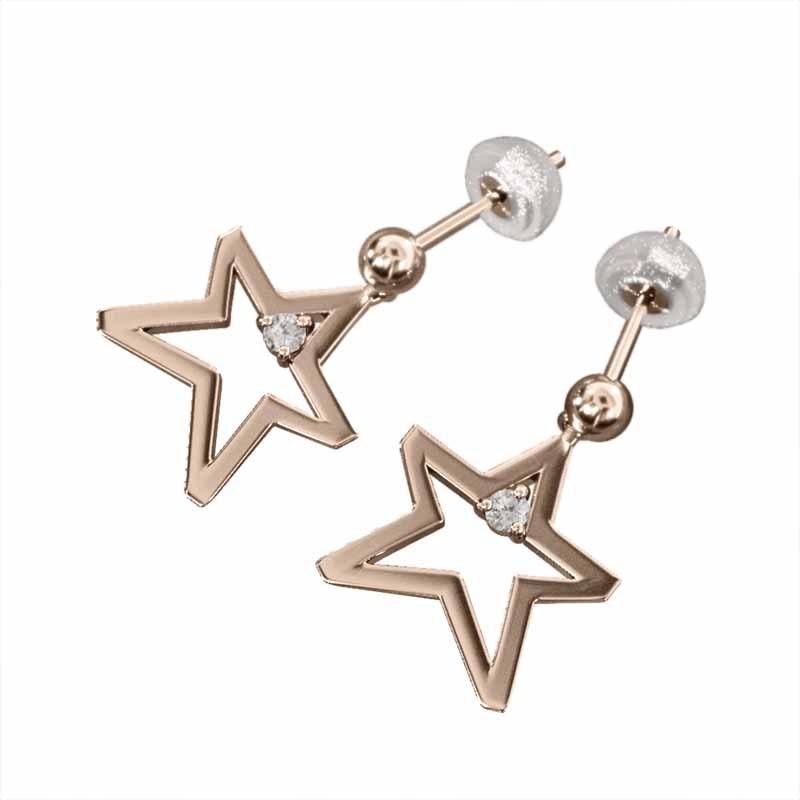ペア ピアス 1粒 石 星 デザイン ダイアモンド k18ピンクゴールド キャッチ付き 中サイズ ブラブラタイプ