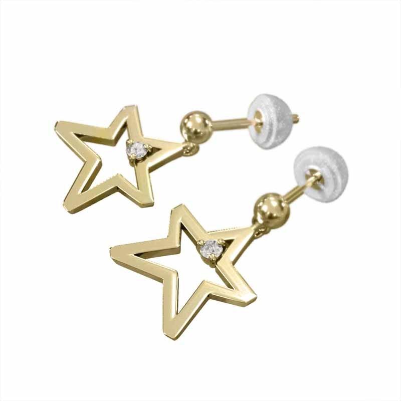 ペアピアス 一粒石 スター ジュエリー ダイアモンド 4月誕生石 k18イエローゴールド キャッチ付き 中サイズ ブラブラタイプ
