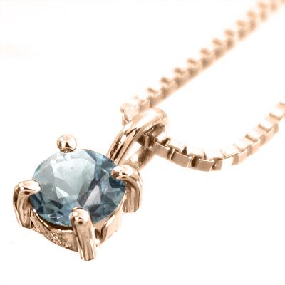 18金ピンクゴールド 一粒石 3月の誕生石 アクアマリン ペンダントトップとネックレスの画像