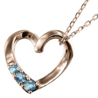 ブルートパーズ(青) 11月誕生石 10金ピンクゴールド ハート スリーストーン ペンダントネックレスの画像