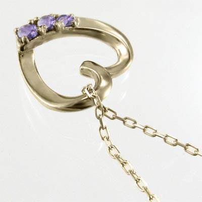 アメシスト(紫水晶) スリーストーン 2月の誕生石 10金イエローゴールド ハート ペンダントの画像