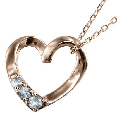 スリーストーン ペンダントネックレス 3月誕生石 ハート k18ピンクゴールド アクアマリンの画像