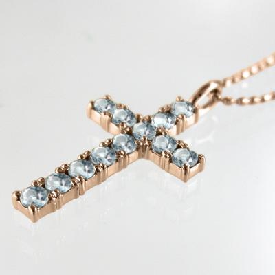 アクアマリン ペンダントトップとネックレス k18ピンクゴールド 3月の誕生石 クロスの画像