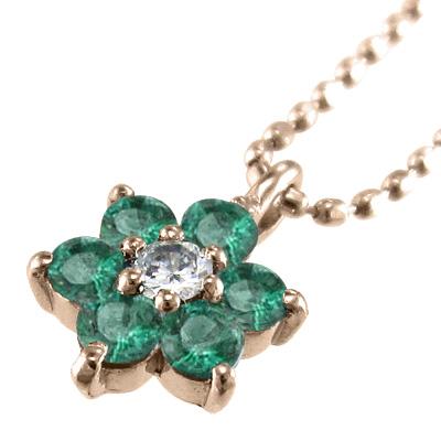ダイヤモンド フラワー ネックレスジュエリー 5月誕生石 エメラルド 10金ピンクゴールドの画像