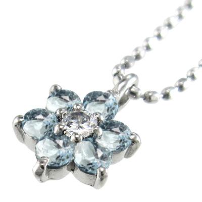 ペンダントトップとネックレス アクアマリン 白金（プラチナ）900 3月誕生石 フラワー ダイヤモンドの画像