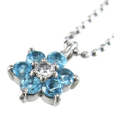 ダイヤモンド フラワー 白金（プラチナ）900 ブルートパーズ(青) 11月の誕生石 ペンダントネックレスの画像