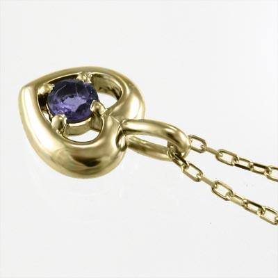 ハート 一粒石 2月の誕生石 イエローゴールドk18 ペンダントネックレス アメジスト(紫水晶)の画像