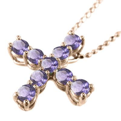 ペンダントネックレス クロス 18金ピンクゴールド アメジスト(紫水晶) 2月誕生石の画像