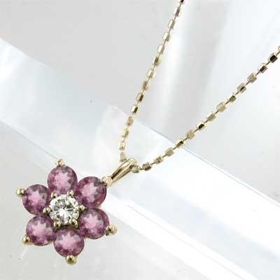 10月の誕生石 k10イエローゴールド ペンダントネックレス ピンクトルマリン フラワーの画像