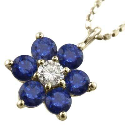 ブルーサファイア k10イエローゴールド フラワー ペンダントトップとネックレス 9月の誕生石の画像