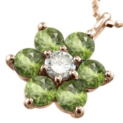 8月の誕生石 フラワー ペンダントトップとネックレス ペリドット k18ピンクゴールドの画像