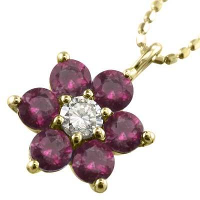 フラワー ペンダントネックレス 7月の誕生石 18金イエローゴールド ルビーの画像