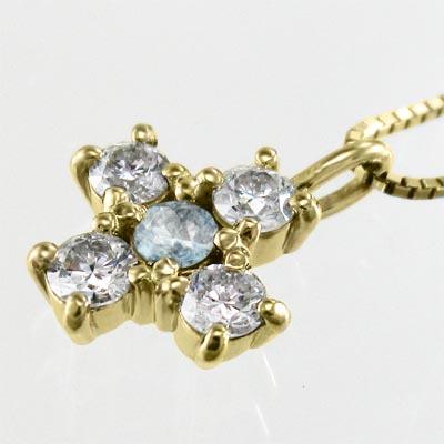 ネックレスジュエリー 3月の誕生石 イエローゴールドk18 アクアマリン ファイブストーン クロス_2