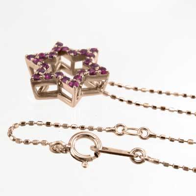 k10ピンクゴールド ルビー 六芒星 スター 7月の誕生石 ペンダントトップとネックレスの画像