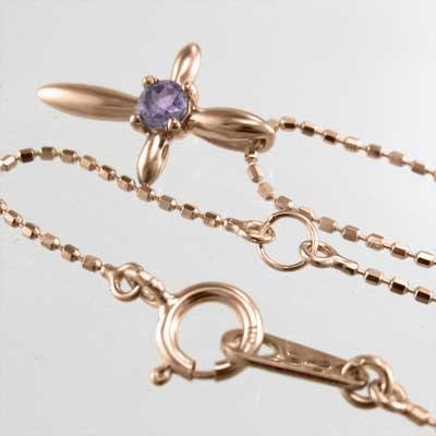 アメジスト 2月誕生石 k10ピンクゴールド 一粒石 クロス ネックレスジュエリーの画像