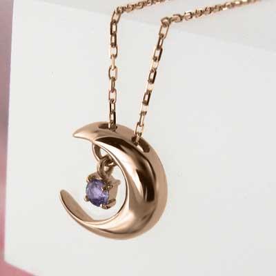 一粒石 アメジスト(紫水晶) ペンダントネックレス ムーン 2月誕生石 18金ピンクゴールドの画像