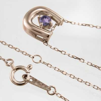 2月誕生石 ピンクゴールドk10 ペンダントネックレス 一粒石 馬蹄 アメジスト(紫水晶)の画像