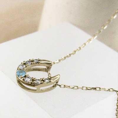 ペンダントネックレス 11月の誕生石 馬蹄 イエローゴールドk10 ブルートパーズ(青)の画像