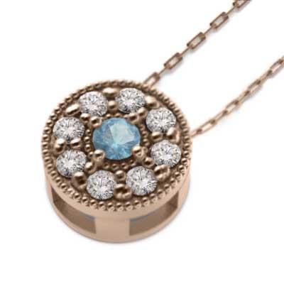 ピンクゴールドk10 11月誕生石 ブルートパーズ(青) ペンダントトップとネックレスの画像